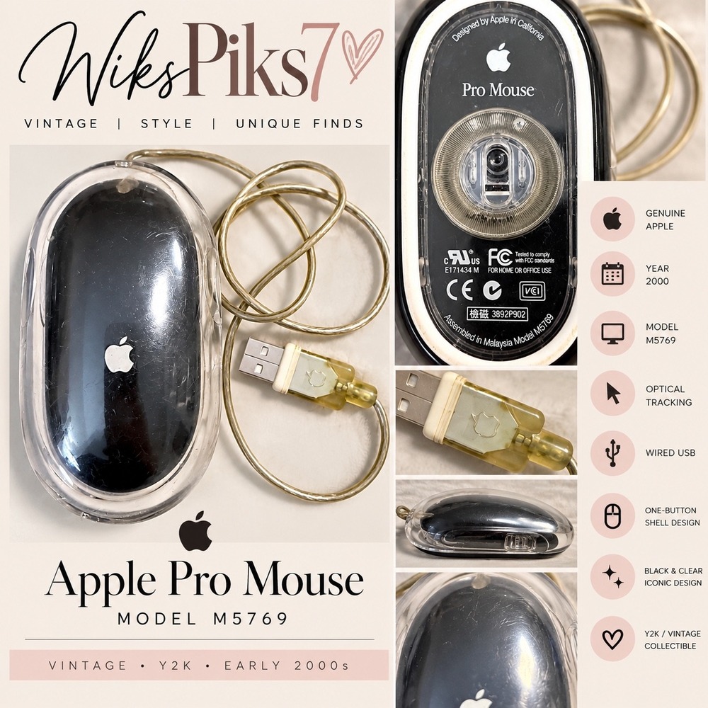 Vintage Apple Pro Mouse M5769 Black Clear USB Optical Wired Y2K Mac